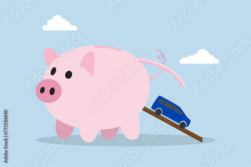 Saving money for new car, rich piggy bank open container loading gives a new car to a new owner.