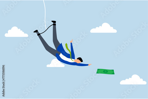 Investment risk, shrewd confident businessman bungee jumping to grab money.