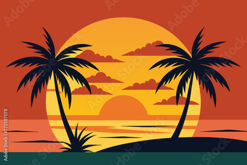 Palmetto Summer Sunset vector, Palm tree on abstract tropical print. Orange silhouette © mobarok8888