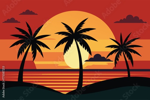 Palmetto Summer Sunset vector  Palm tree on abstract tropical print. Orange silhouette
