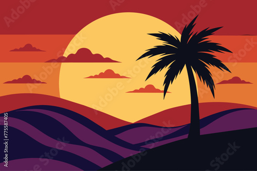Palmetto Summer Sunset vector  Palm tree on abstract tropical print. Orange silhouette