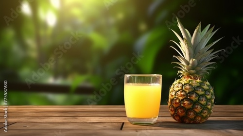 Pineapple juice in glass and fresh pineapple on blur green nature background,with copy space for beverage in summertime.
