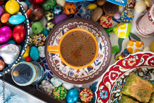 Turkish Coffee in the Colorful Ramadan Eid Candy and Chocolate, Traditional Ottoman Cuisine Desserts Photo, Üsküdar Istanbul, Turkiye (Turkey) © raul77