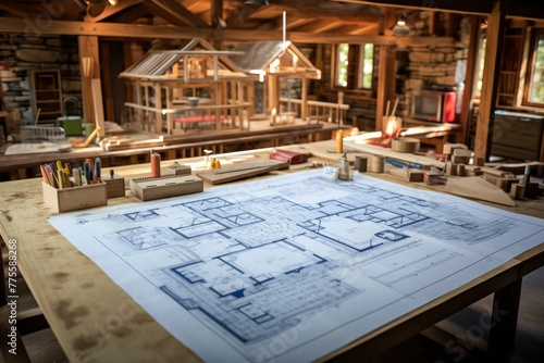 An architectural drawing of a house plan on a wooden table in a home workshop.