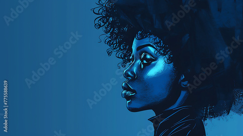 Afro hair African black woman illustration for fashion banner with blue background copy space for text. generative ai