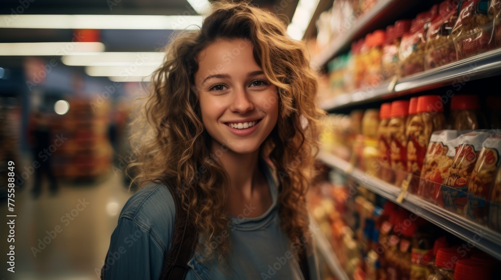 Portrait of a young woman with long curly hair smiling in a grocery store