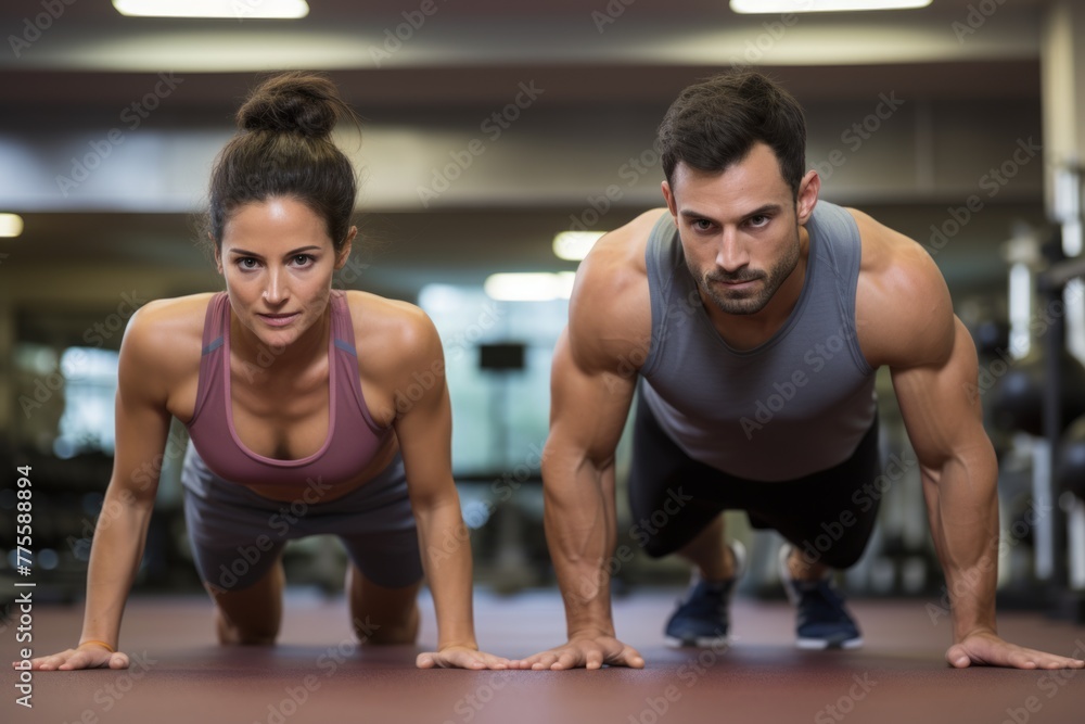 Fototapeta premium A man and a woman doing push-ups in a gym