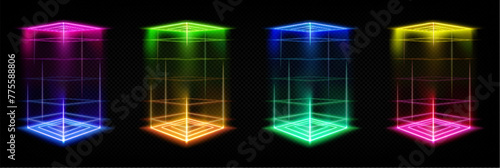 Hologram portal with neon light effect for game. Magic glow teleport. Futuristic tech gradient platform with laser beam for product scene. Energy aura for ui interface with metaverse hud frame design