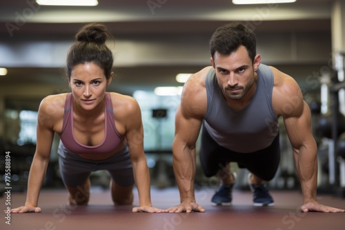 A man and a woman doing push-ups in a gym photo