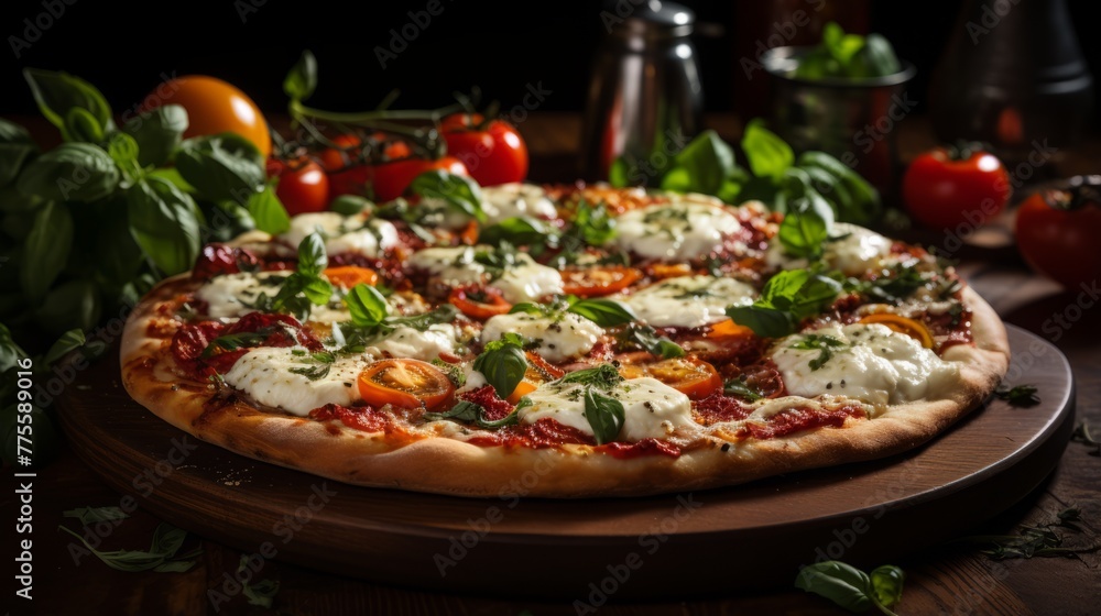 A delicious pizza with fresh tomatoes, basil, and mozzarella cheese A delicious pizza with fresh tomatoes, basil, and mozzarella cheese