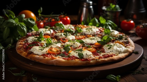 A delicious pizza with fresh tomatoes, basil, and mozzarella cheese