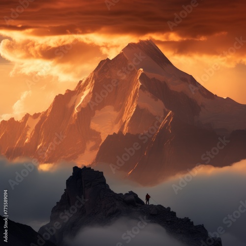 Mountaineer on a Rocky Peak at Sunset