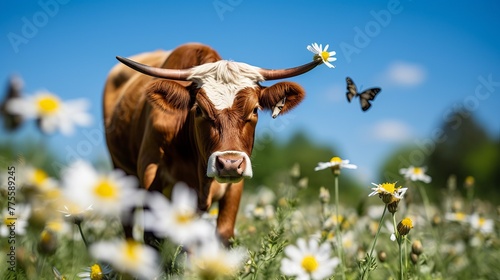 A cow standing in a field of daisies with a butterfly on its head