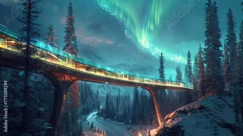 A bridge over a snowy mountain with a train passing underneath