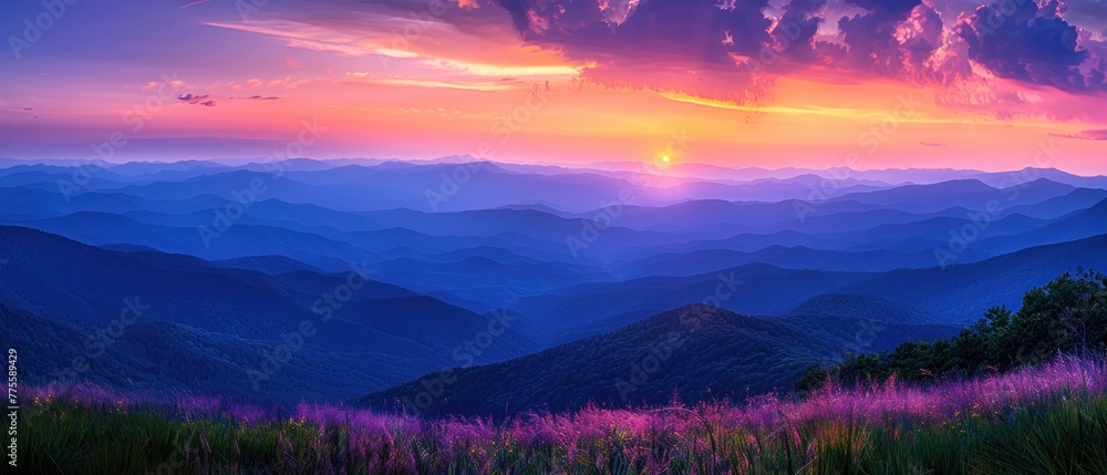 A beautiful sunset over a mountain range with a purple sky