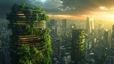 A cityscape with tall buildings and a green forest growing on top of them