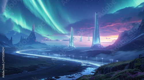A futuristic landscape with a long road and tall buildings