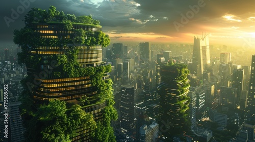 A cityscape with tall buildings and a green forest growing on top of them