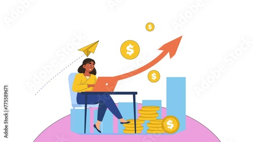 Woman working on laptop and creating passive earning income flat 2D animation 4K photo