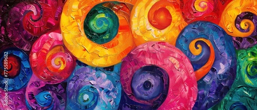 A colorful painting of circles with a swirl pattern