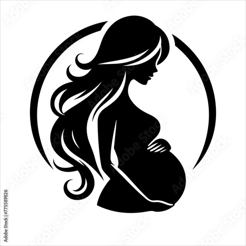 Black silhouette of a pregnant woman with straight hair. Vector illustration