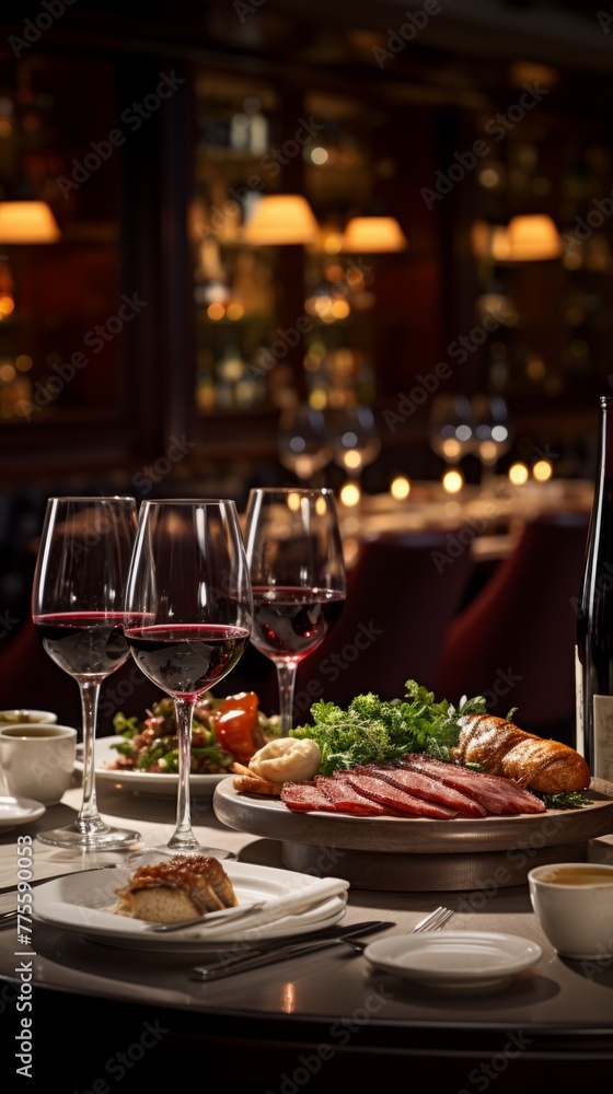 A delicious meal of steak and red wine in a dimly lit restaurant