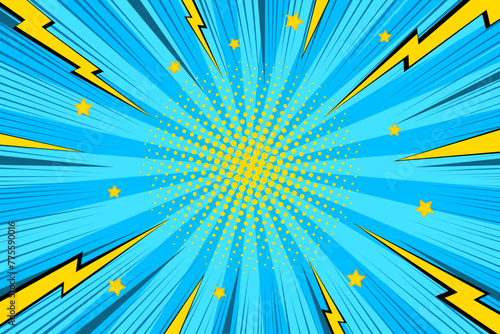 Pop art background with lightning and dots. Comic starburst pattern. Superhero sunburst backdrop. Halftone retro duotone banner. Cartoon print with points and beams. Vintage sunshine texture. Vector i