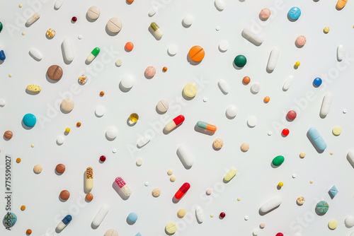 A colorful assortment of pills scattered across a white background