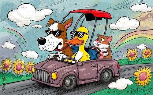 Cartoon illustration, a dog and a duckling are driving in a car