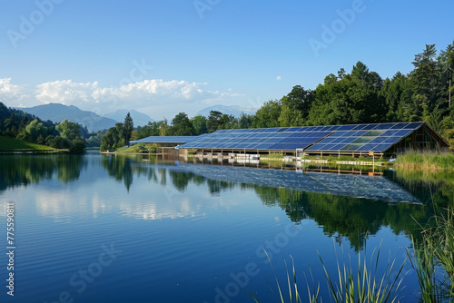 A solar panel farm is built on the shore of a lake