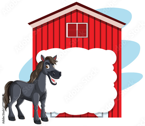 Cartoon horse smiling beside a red barn