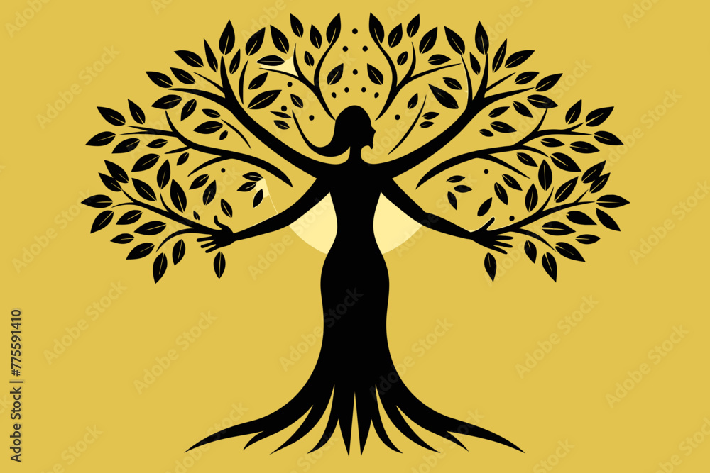 Obraz premium mbark on a journey of whimsy and wonder with this enchanting illustration of a Woman Tree, gracefully extending her branches like hands reaching out to embrace the world