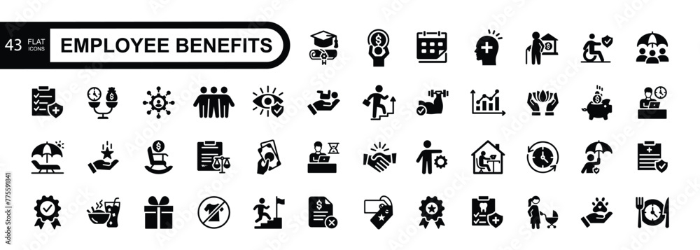 Employee benefit flat icons set. Included icons as teamwork ,insurance, paid Vacation, pension, social Security. Vector illustration Employee benefit flat icons set. Included icons as teamwork ,insurance, paid Vacation, pension, social Security. Vector illustration