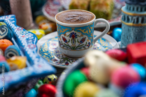 Turkish Coffee in the Colorful Ramadan Eid Candy and Chocolate, Traditional Ottoman Cuisine Desserts Photo, Üsküdar Istanbul, Turkiye (Turkey)