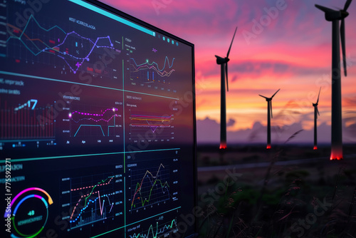 A computer monitor displays a graph of wind power