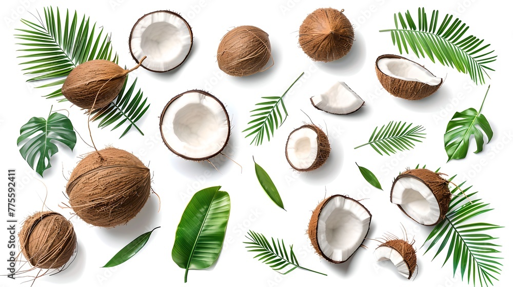Fresh Coconut and Tropical Palm Leaves Display on White Background. Flat Lay, Top View, Natural Ingredient Concept. AI Fresh Coconut and Tropical Palm Leaves Display on White Background. Flat Lay, Top View, Natural Ingredient Concept. AI