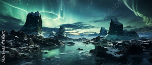 Aurora borealis landscape with mountains and icebergs in arctic sea © Adobe Contributor