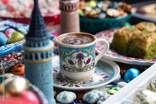 Turkish Coffee in the Colorful Ramadan Eid Candy and Chocolate, Traditional Ottoman Cuisine Desserts Photo, Üsküdar Istanbul, Turkiye (Turkey)