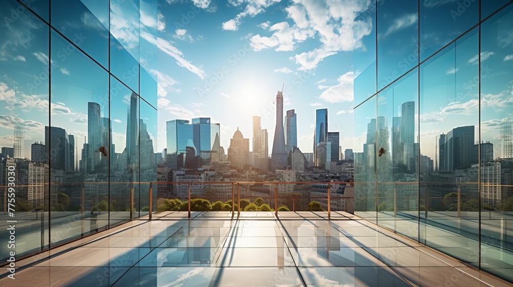 Fototapeta premium Modern city with skyscrapers made of glass reflecting the skyline