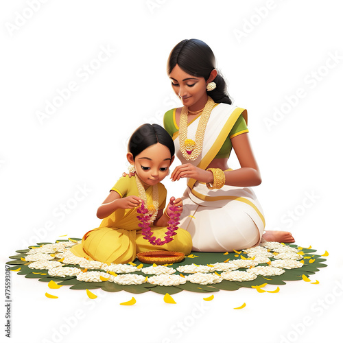 Cartoon style illustration of a mother and daughter making colourful arrangement with flowers. Concept for Onam festival in Kerala	 photo