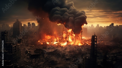 Devastating fire against a devastated cityscape in the aftermath of an air strike