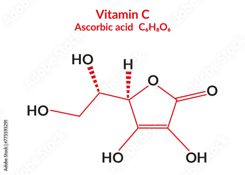 Ascorbic acid (vitamin C), molecular structure formula, suitable for education or chemistry science content. Vector illustration