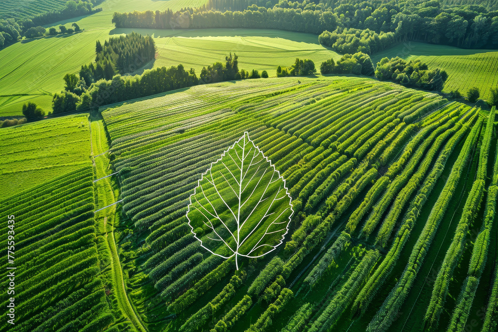 A leaf is drawn in the middle of a field of green grass A leaf is drawn in the middle of a field of green grass