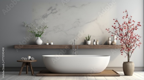 A bathroom with a bathtub  a shelf  and a potted plant