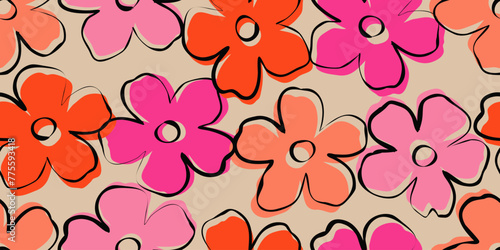 Exotic hand drawn flowers, seamless patterns with floral for fabric, textiles, clothing, wrapping paper, cover, banner, home decor, abstract backgrounds. Vector illustration.