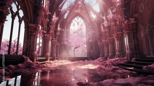 Pink fantasy landscape with a ruined castle