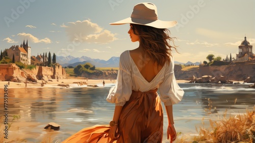 An elegant lady wearing a wide-brimmed hat stands on the beach and gazes at the distant scenery © Adobe Contributor