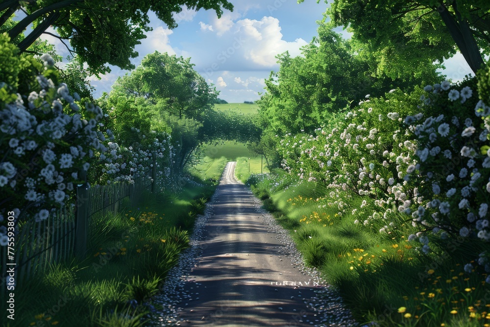 Road Surrounded by Trees and Flowers