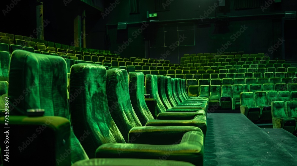 Fototapeta premium Green soft chairs in the stands of an empty cinema