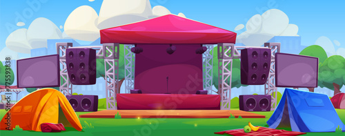 Music festival stage in summer park. Vector cartoon illustration of concert equipment, microphone, spotlights, displays on scene, tents and picnic blankets on lawn, green trees in sunny public garden